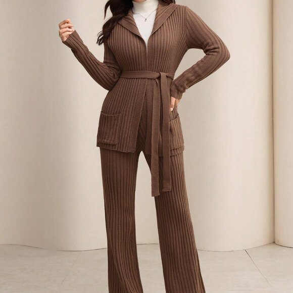 Camel Casual Women's Tie-Up Long Sleeve Knitted Cardigan And Knitted Pants Set - Picture 3 of 8